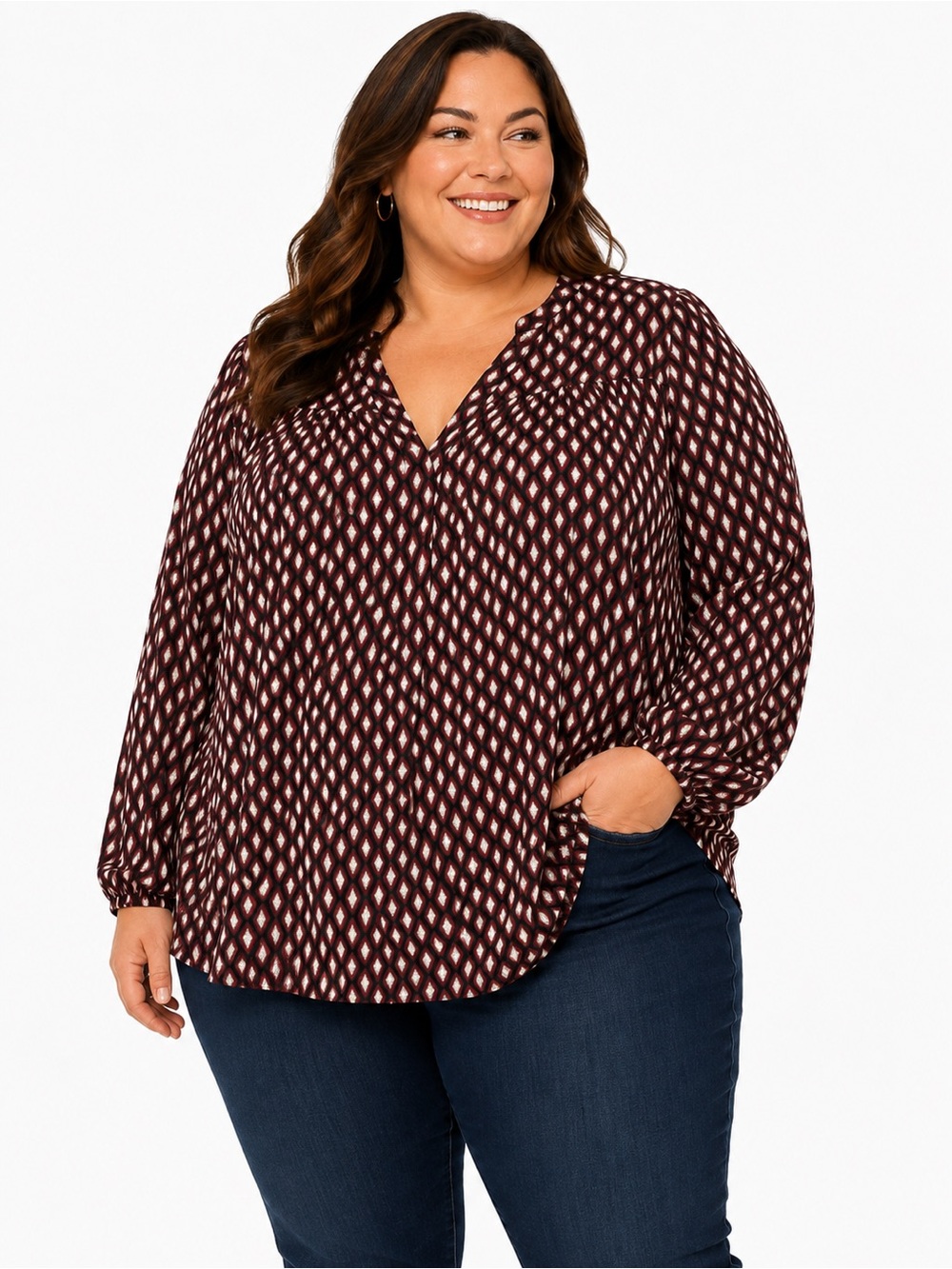 Lane Bryant Burgundy and Cream Geometric V-Neck Long Sleeve Top 26/28